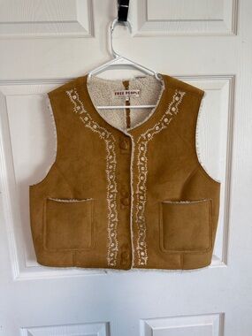 Free People Camel Suede Shearling Vest with Embroidered Trim